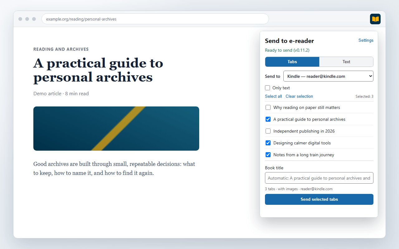 Several demo tabs selected in the TabTome popup