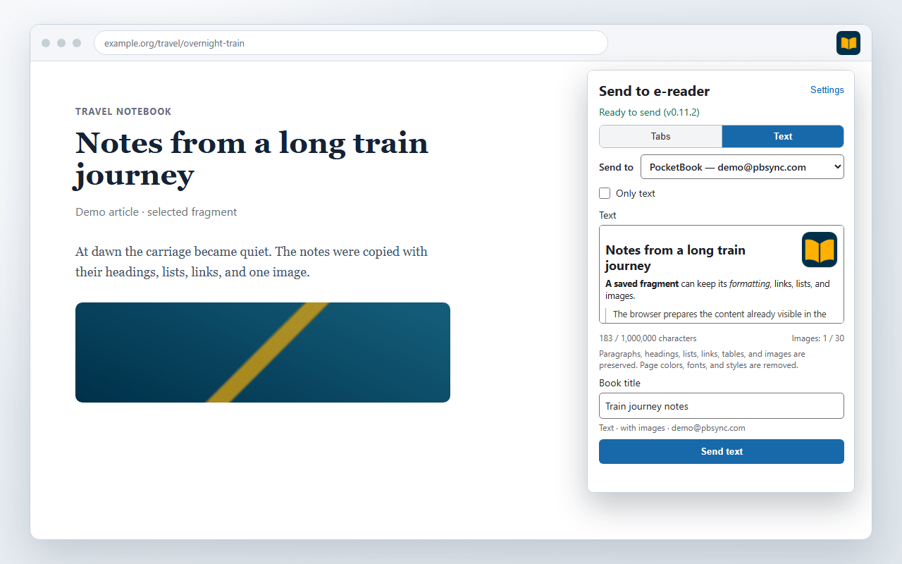 Formatted demo text and an image pasted into the TabTome popup