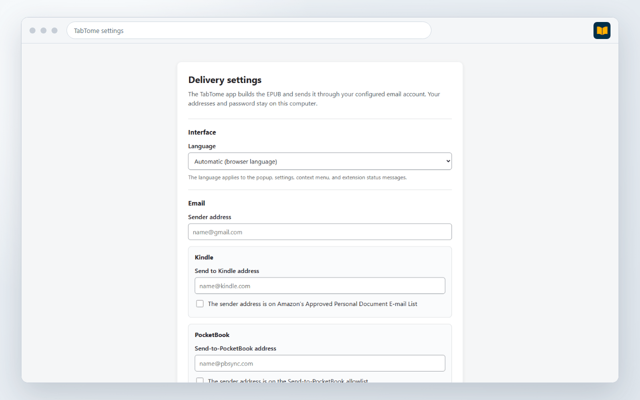 TabTome delivery settings with demonstration addresses